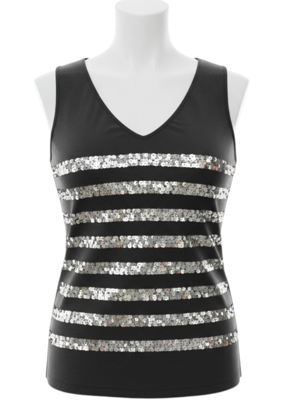 Kenar Black V-Neck Tank with Silver Sequin Stripes